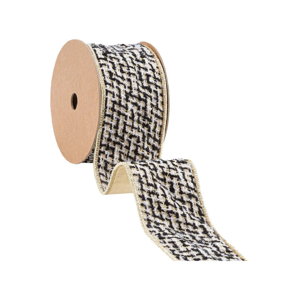 2 1/2" Wired Ribbon Black/Ivory/Gold Jacquard Tweed Gold Dupioni-fused Backing