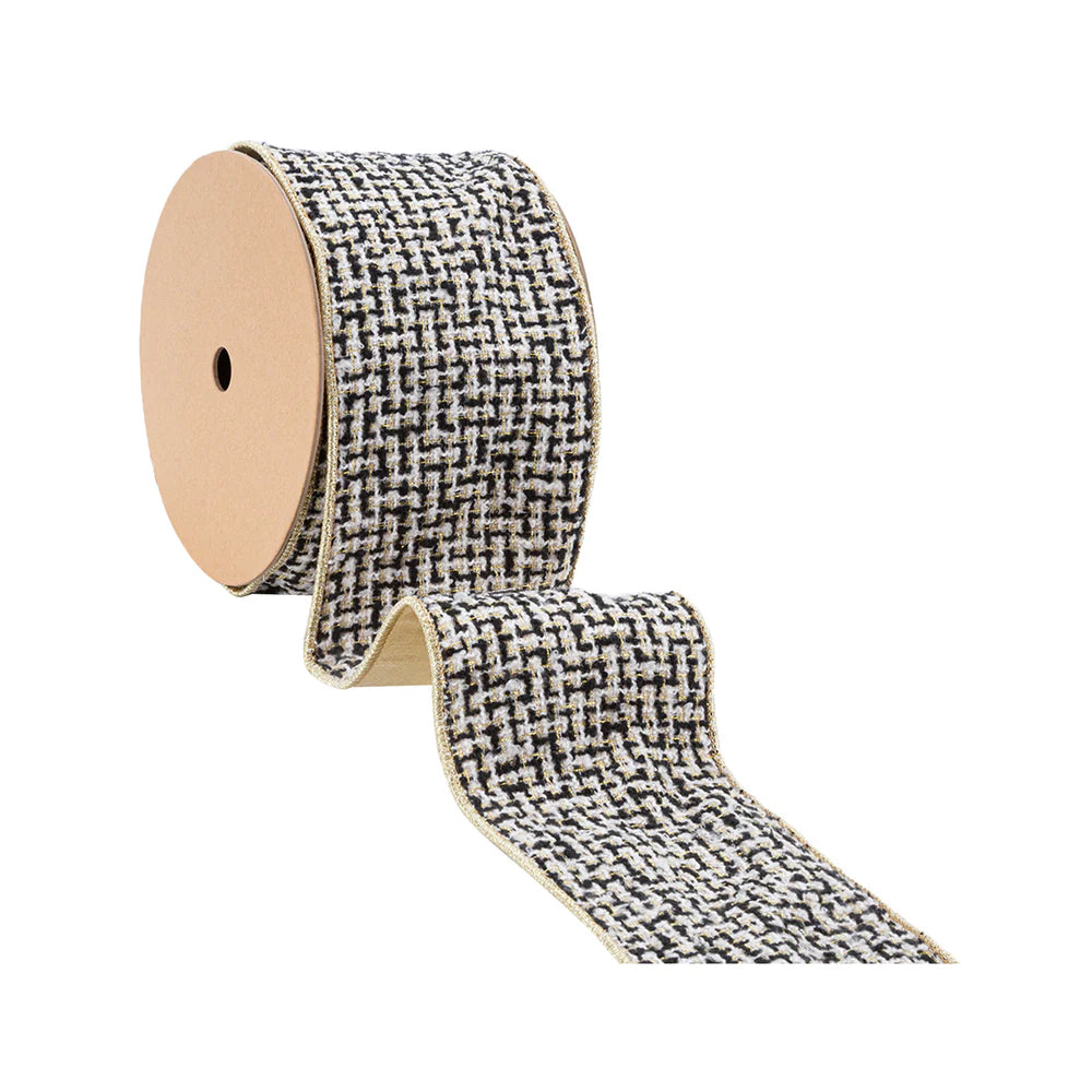 4" Wired Ribbon Black/Ivory/Gold Jacquard Tweed Gold Dupioni-fused Backing Ribbon