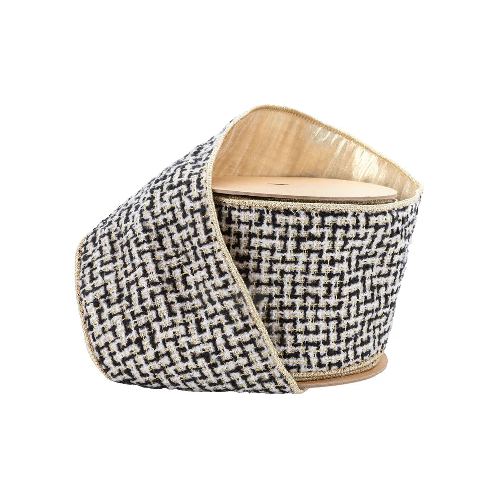 4" Wired Ribbon Black/Ivory/Gold Jacquard Tweed Gold Dupioni-fused Backing Ribbon