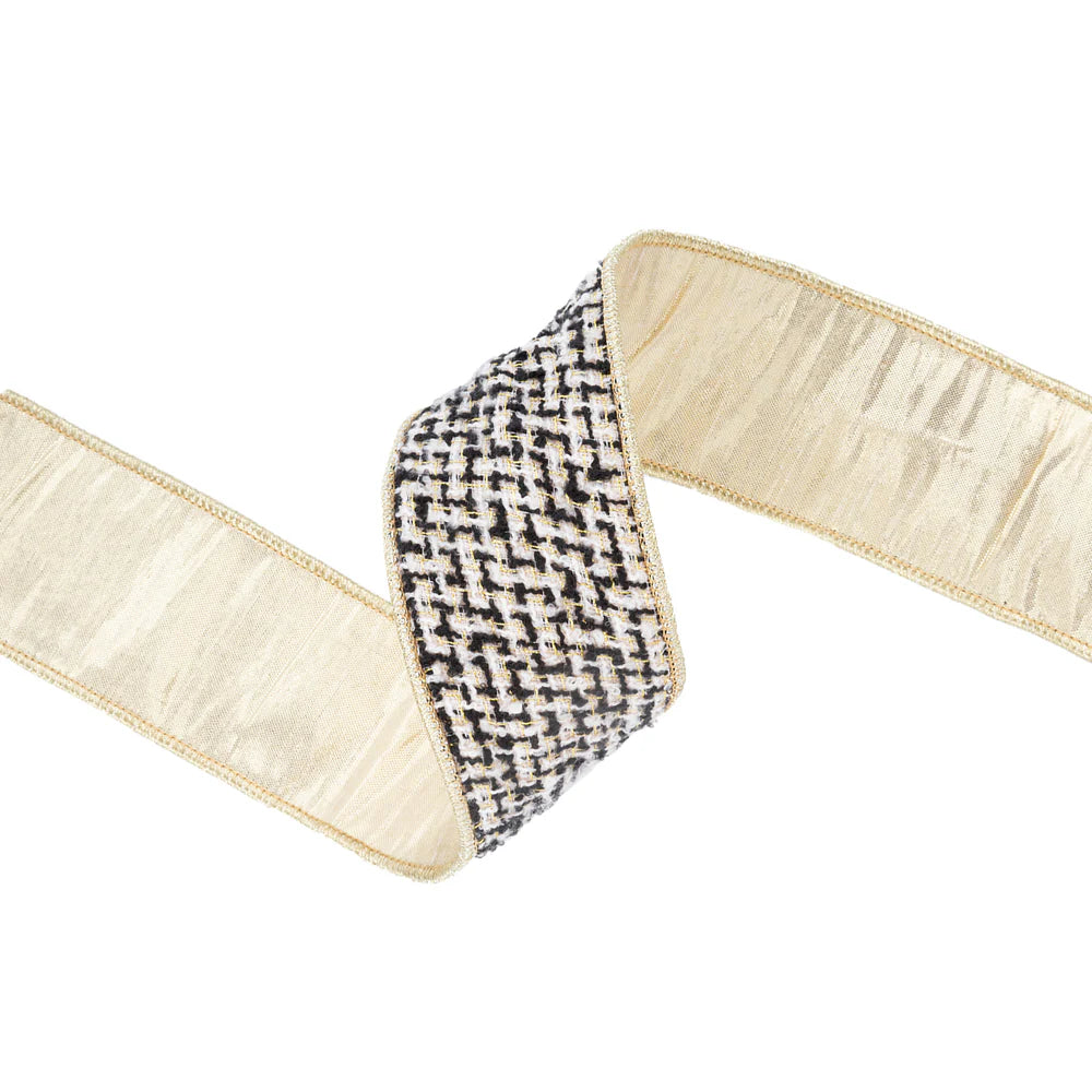 2 1/2" Wired Ribbon Black/Ivory/Gold Jacquard Tweed Gold Dupioni-fused Backing