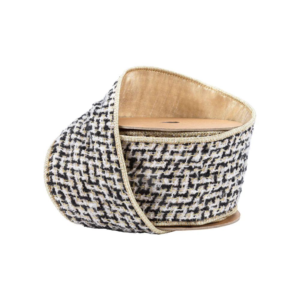 2 1/2" Wired Ribbon Black/Ivory/Gold Jacquard Tweed Gold Dupioni-fused Backing