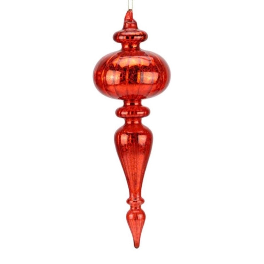 10" Glass Finial Ornament - Shiny Mercury Red