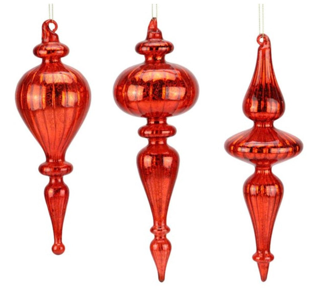 10" Glass Finial Ornament - Shiny Mercury Red