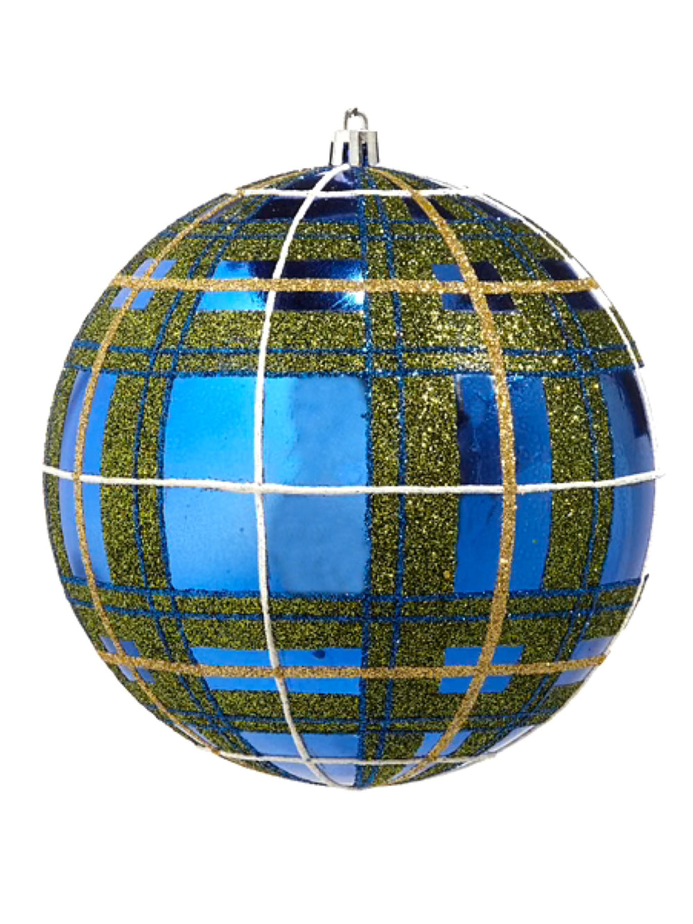 6" Blue Plaid Glitter Ball Ornament