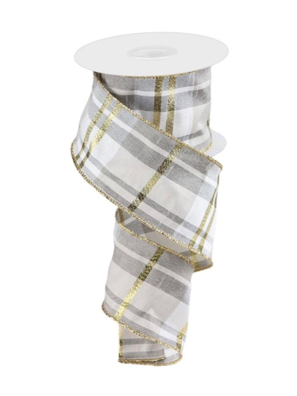 2.5" x 10 Yard Plaid Faux Dupioni Ribbon - Tan, White, Gold