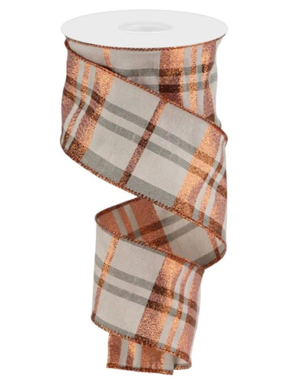 2.5" x 10 Yard Faux Dupioni Plaid - Tan and Metallic Copper