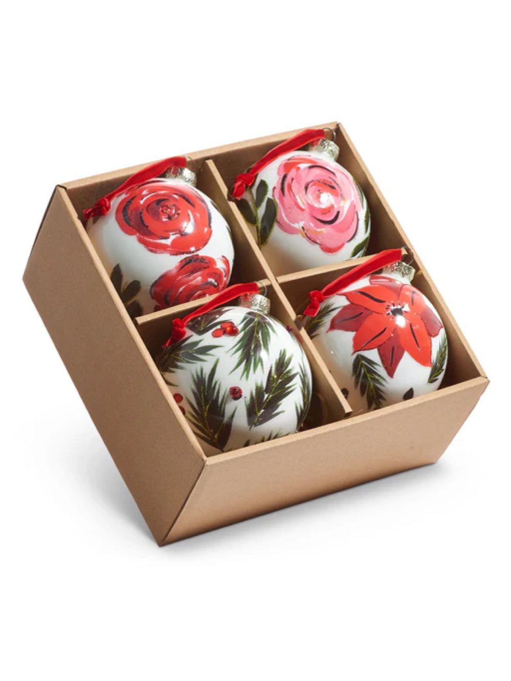 4" Box of Hand Painted Floral Ball Ornaments