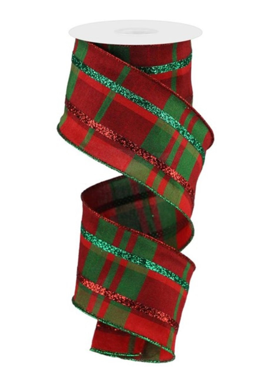 2.5" x 10 Yard Dupioni Plaid with Glitter Stripe Ribbon - Green/Red